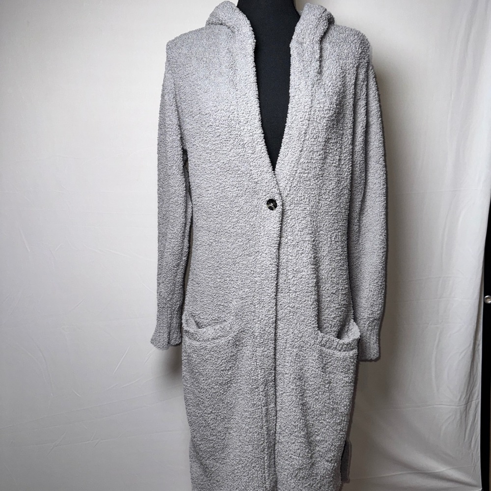 UGG Grey Fleece Hooded Cardigan Robe Longline Button Front M/L Lounge 1018774